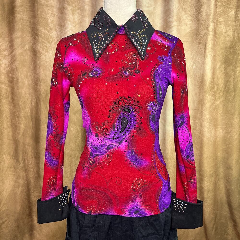 60s Red & Purple Paisley Long-Sleeve Blouse with Studded Collar